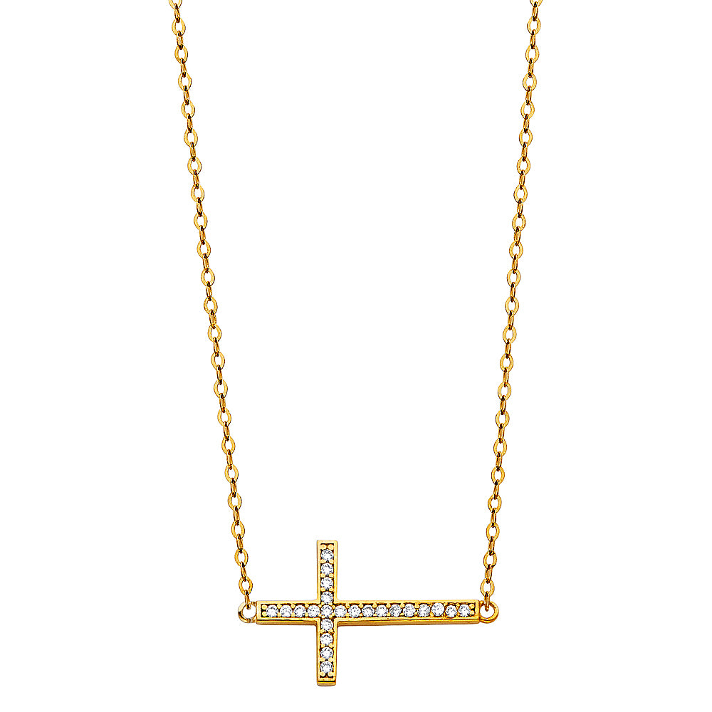 14KY CZ Side Way Cross Necklace 17+1