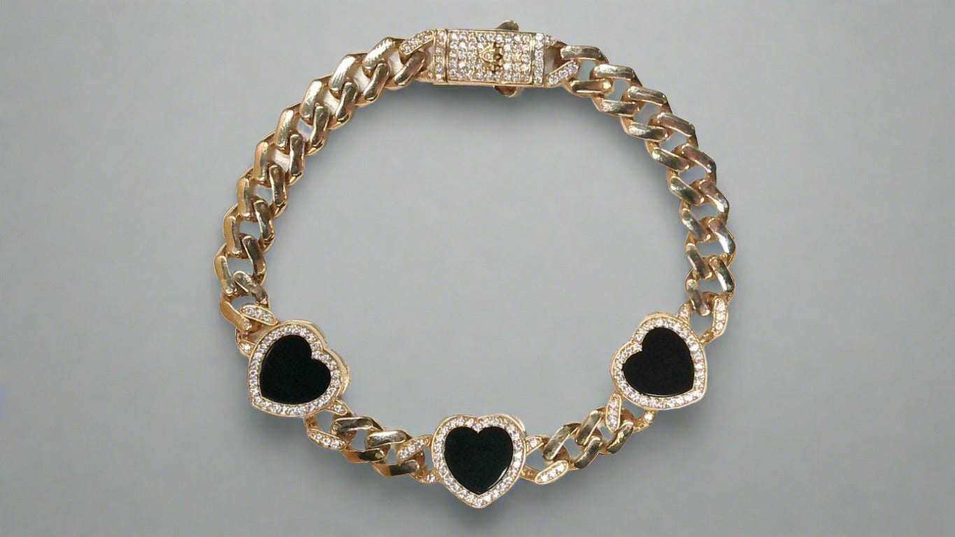 14KY Monaco Miami Cuban with Hearts Bracelet7.5''