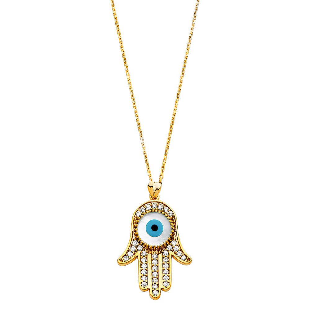 14KY CZ Evil Eye Hamsa Necklace 17+1